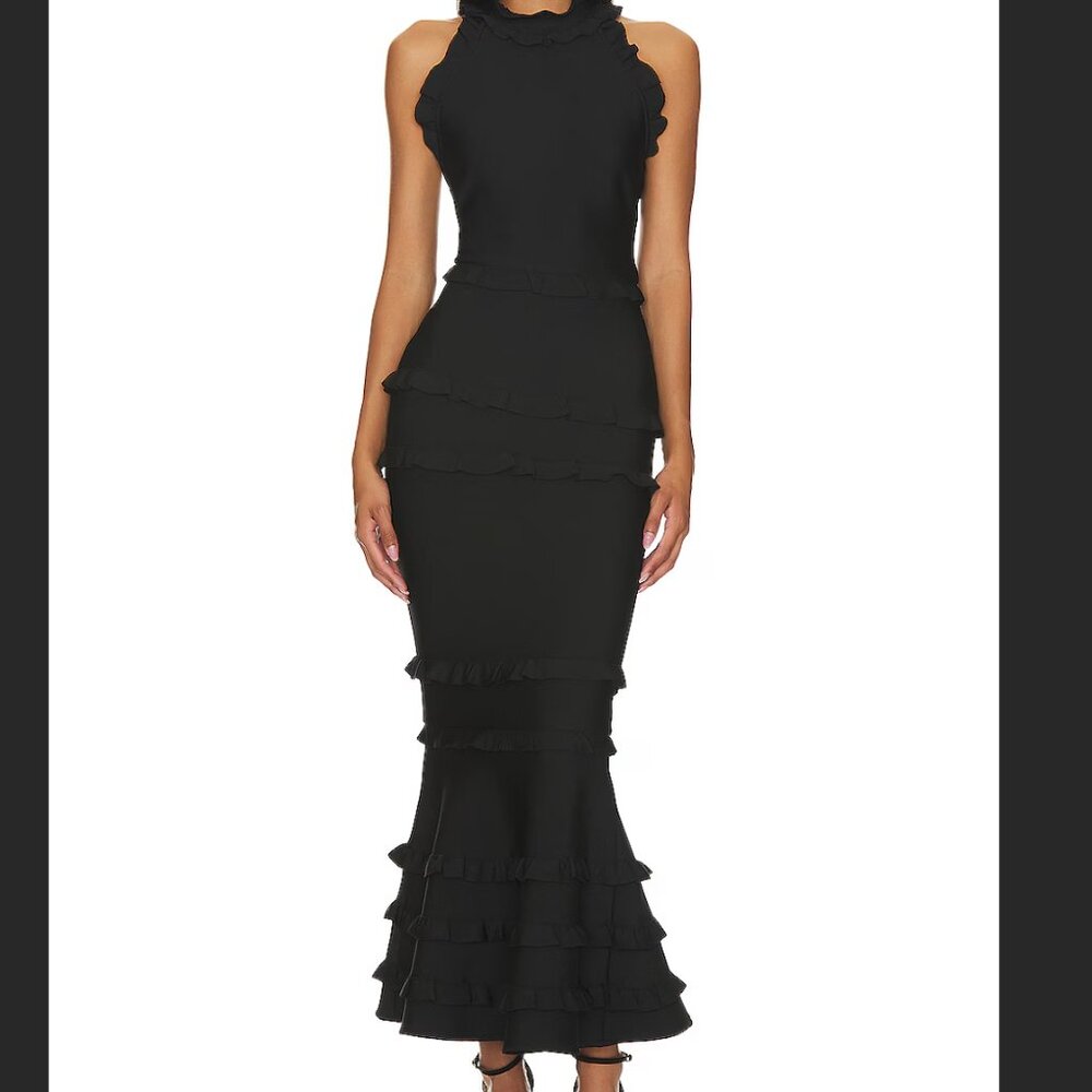REVOLVE ELLIATT Theatrical Black Gown Halter Neck Ruffled WEDDING GUEST
